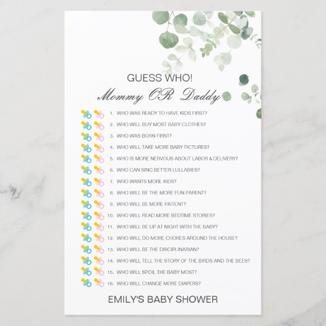 Editable Guess Who, Mum or Dad Baby Shower Game (Front)