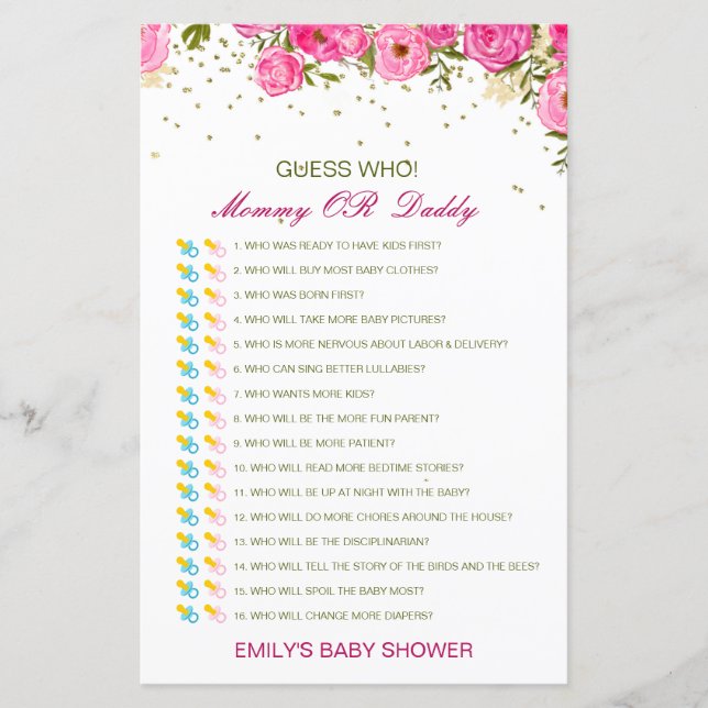 Editable Guess Who, Mum or Dad Baby Shower Game (Front)