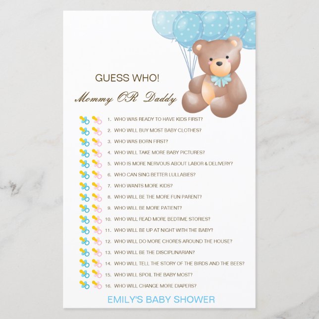 Editable Guess Who, Mum or Dad Baby Shower Game (Front)