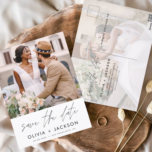 Editable Hand Lettered White Save the Date Photo Postcard (Creator Uploaded)
