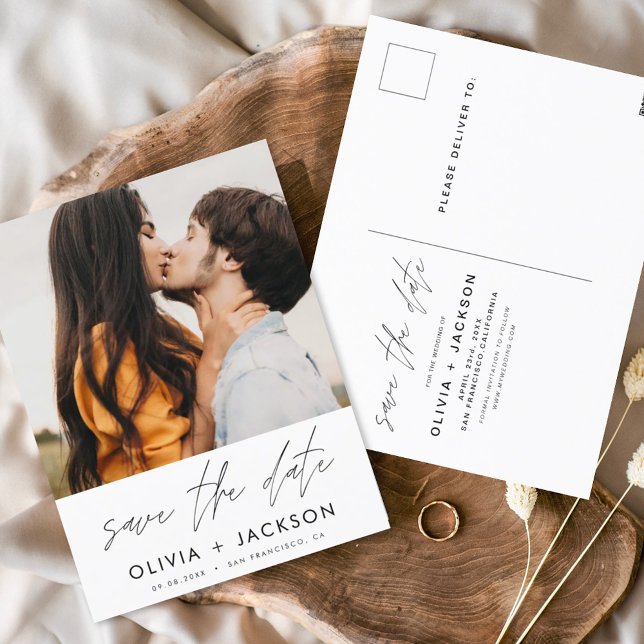 Editable Hand Lettered White Save the Date Photo Postcard (Creator Uploaded)