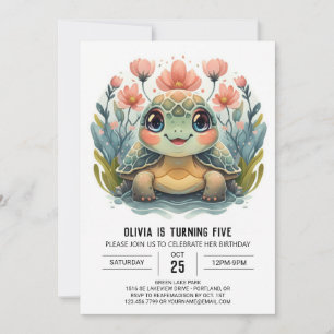 Editable Happy Turtle Girl Birthday Invitation