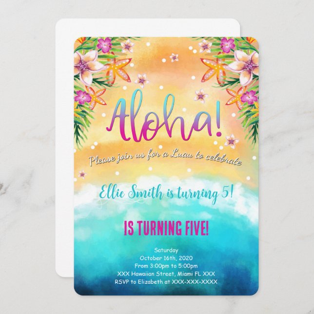 Editable Hawaiian Birthday Kids Invitation (Front/Back)