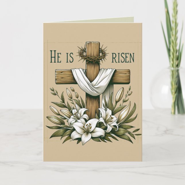 Editable He Is Risen Cross With Thorns Religious Card (Front)