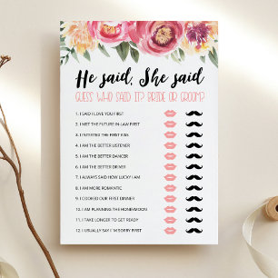Editable He said, She said Bridal Shower game Card
