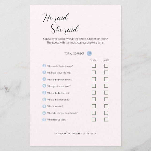 Editable He Said She Said Wedding Shower Game, (Front)