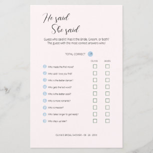 Editable He Said She Said Wedding Shower Game,