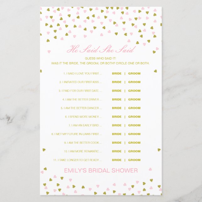Editable He Said She Said Wedding Shower Game (Front)