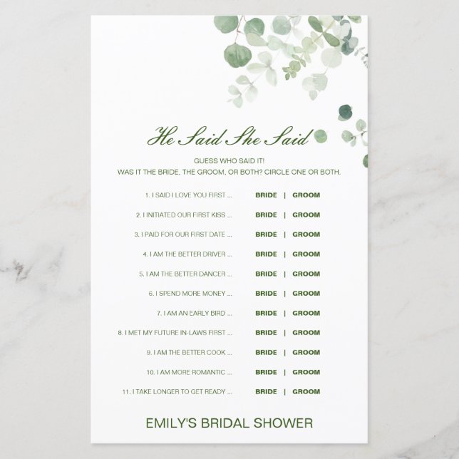 Editable He Said She Said Wedding Shower Game (Front)
