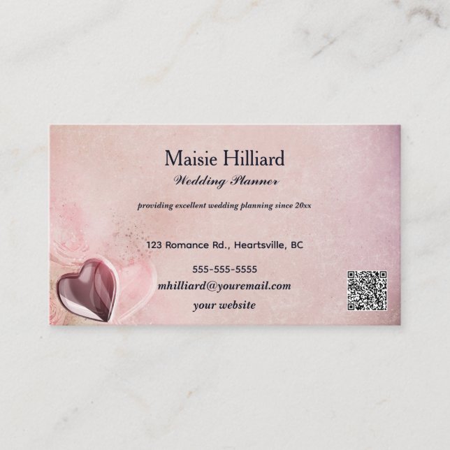 Editable Heart and Pink Background Wedding Planner Business Card (Front)