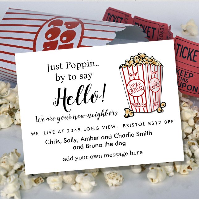 Editable Hello Neighbour,  New Address, Popcorn Announcement Postcard (Creator Uploaded)