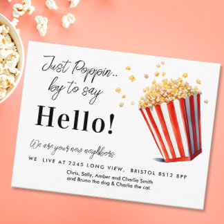 Editable Hello Neighbour, New Address, Popcorn Announcement Postcard