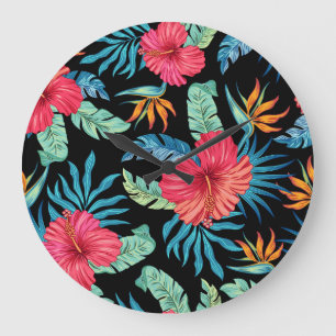 Editable hibiscus, vintage floral pattern large clock