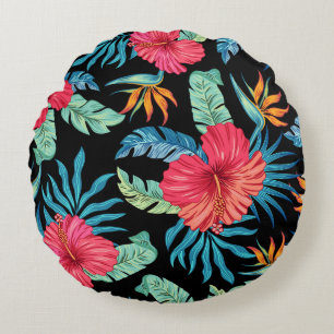Editable hibiscus, vintage floral pattern round cushion