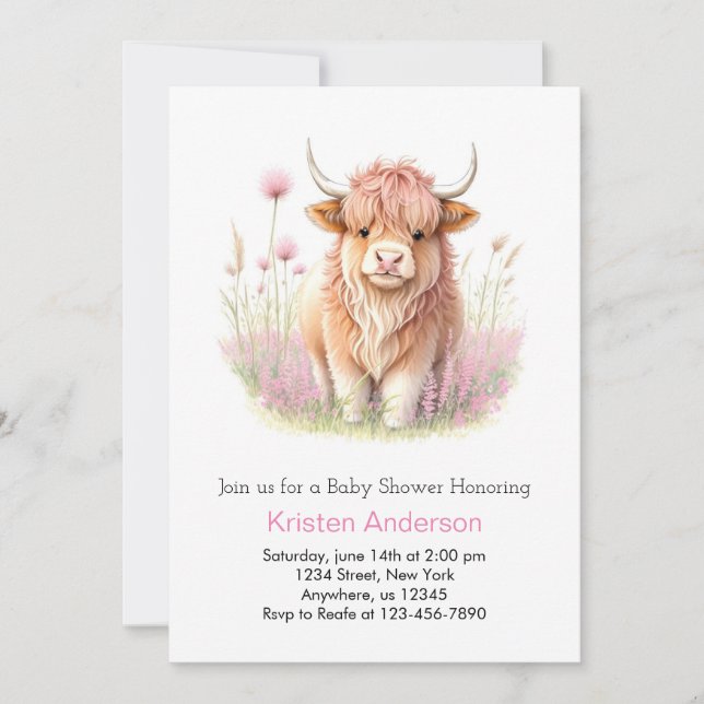 Editable Highland Cow Girl Baby Shower Invitation (Front)