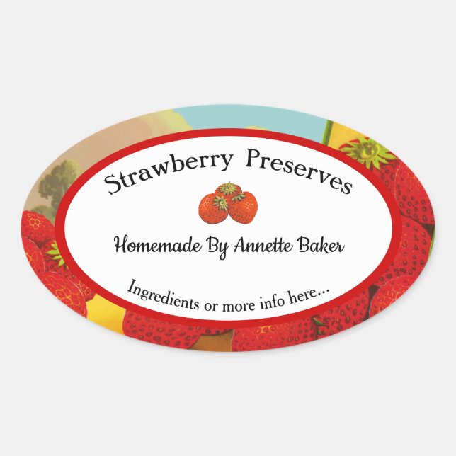 Editable Homemade Retro Strawberry Jam or Baking  Oval Sticker (Front)