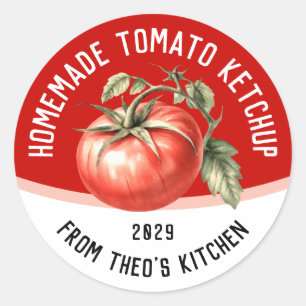 Editable Homemade Tomato Ketchup with red tomato Classic Round Sticker
