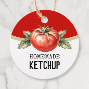 Editable homemade tomato ketchup with red tomato favour tags