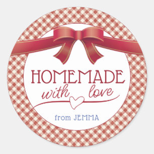 Editable Homemade with Love Red Bow and Gingham Classic Round Sticker