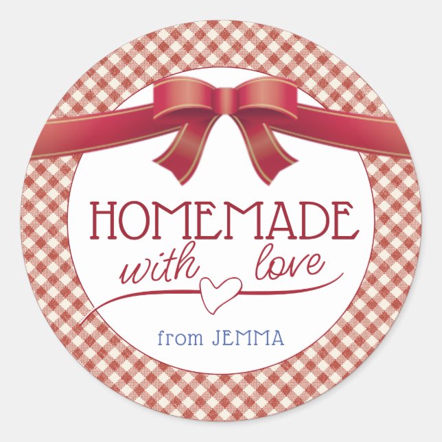Editable Homemade with Love Red Bow and Gingham Classic Round Sticker (Front)