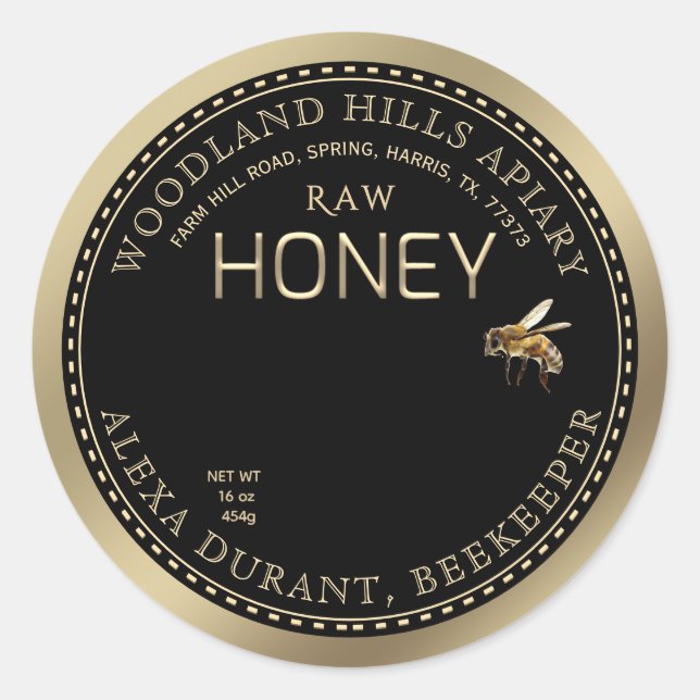 Editable Honey Jar Bee Wildflower Label Black Gold (Front)