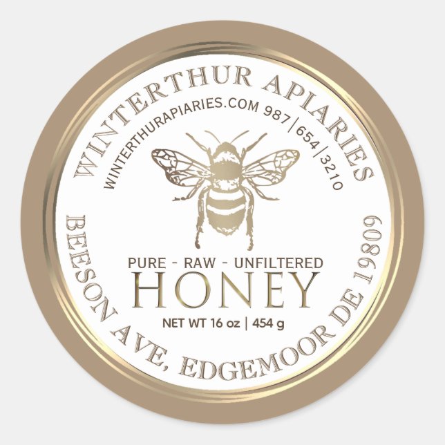 Editable Honey Jar with Bee Gold Ring Border Classic Round Sticker (Front)