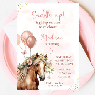 Editable Horse Birthday Floral Invitation Girl Sad