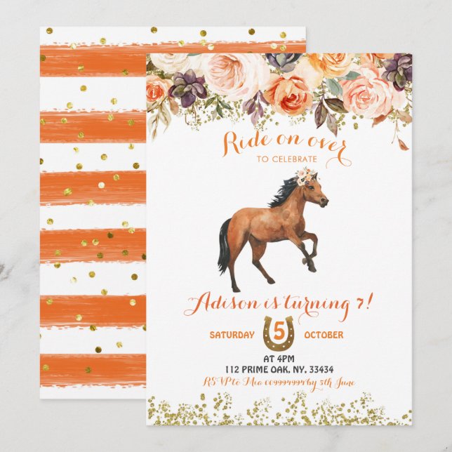 Editable Horse Cowgirl Birthday Invitation (Front/Back)
