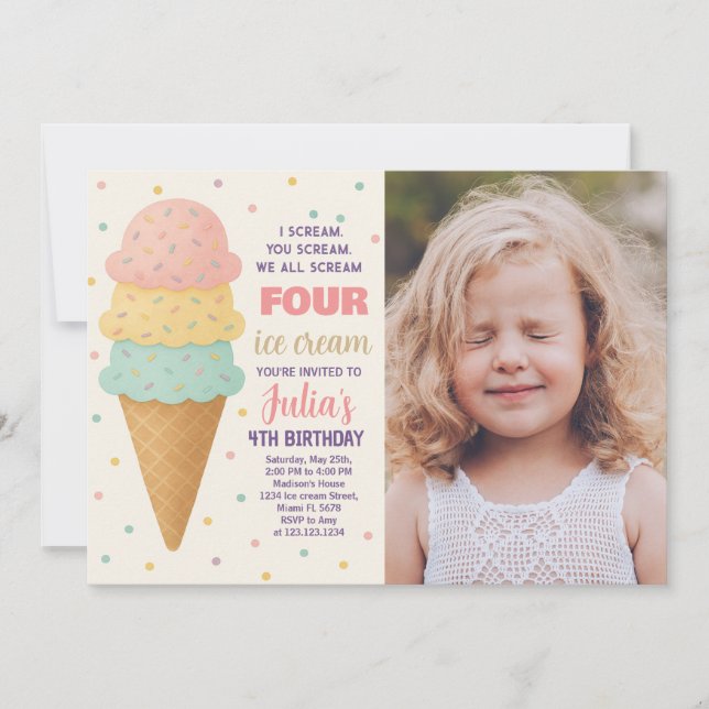Editable Ice Cream Birthday Invite with photo (Front)
