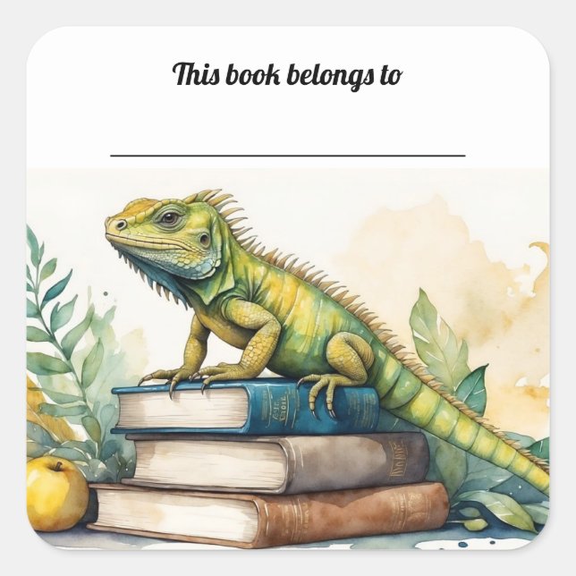 Editable Iguana and Books Bookplate Sticker (Front)