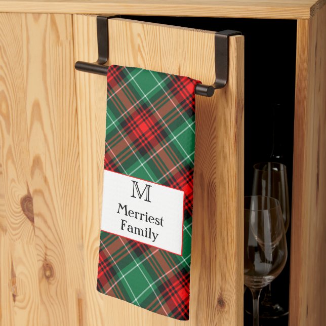 Editable Initial andl Name Green Red Holiday Plaid Tea Towel (Thirds Fold)
