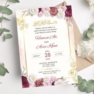 Editable Islamic Nikkah Red Floral Muslim Wedding  Invitation