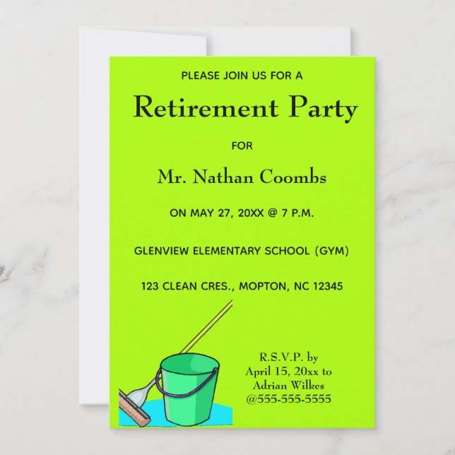 Editable Janitor Caretaker Mop and Pail Retirement Invitation (Front)