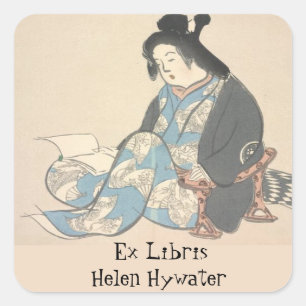 Editable Japanese Lady Reading a Book Bookplate Square Sticker