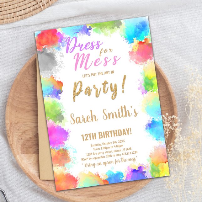 Editable Kids Art Party Card with Color Splash (Dress for Mess Paint Birthday Invitations)