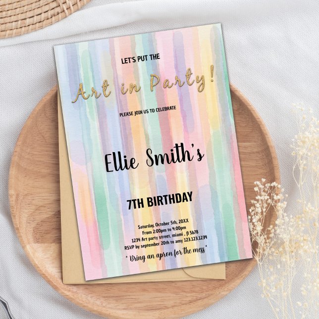 Editable Kids Art Party Card with Colourful Brush (Rainbow Paint Birthday Invitations)