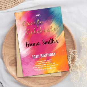 Editable Kids Art Party Card with Rainbow Splash