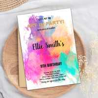 Editable Kids Art Party Card with Rainbow Splatter