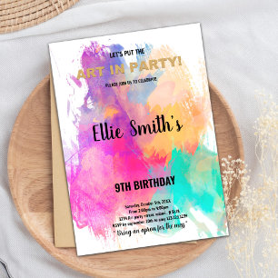 Editable Kids Art Party Card with Rainbow Splatter