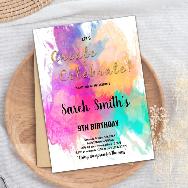 Editable Kids Art Party Invite with Colour Splash (Green orange pink Paint Birthday Postcards)