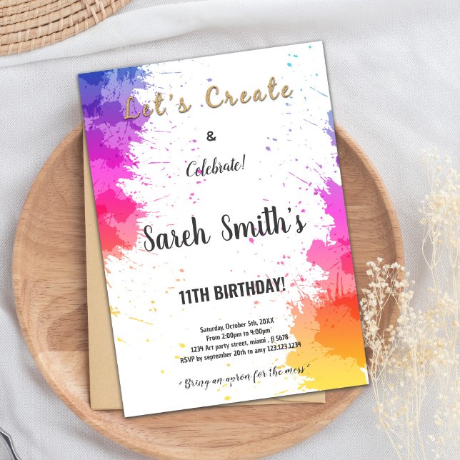 Editable Kids Art Party Thank You or Invite Card (Paint Birthday Postcards)