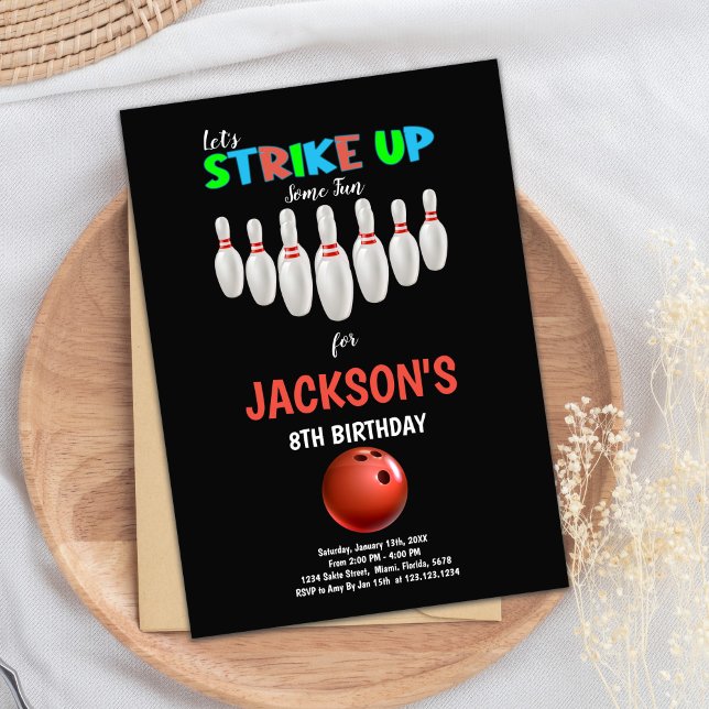 Editable Kids Strike Party Invite (Black Background Bowling Birthday Invitations)