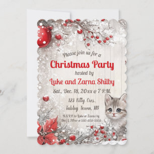 Editable Kitten and Berries Christmas Party Invitation