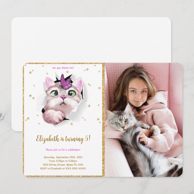 Editable Kitten Birthday Photo Invitation (Front/Back)