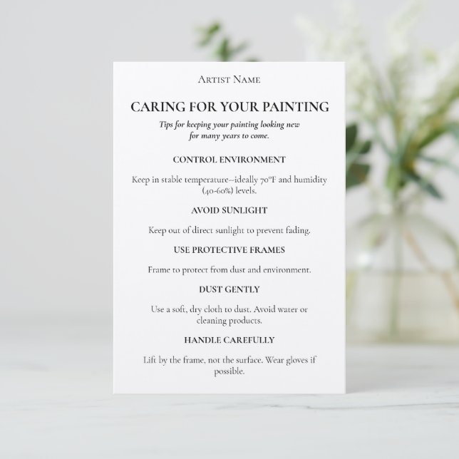 Editable Kraft Painting Artwork Care Card Insert (Standing Front)