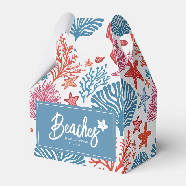 Editable label Coastal coral and starfish Favour Box (Front Side)