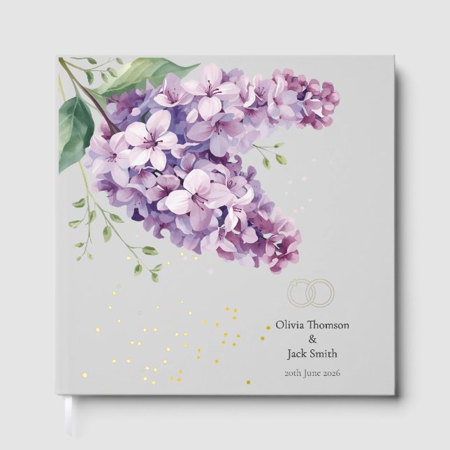 Editable Lilac Floral and Gold Wedding Guestbook (Front)