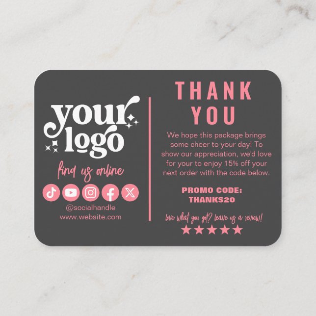 Editable Logo Retro Pink Grey Thank You Package Enclosure Card (Back)