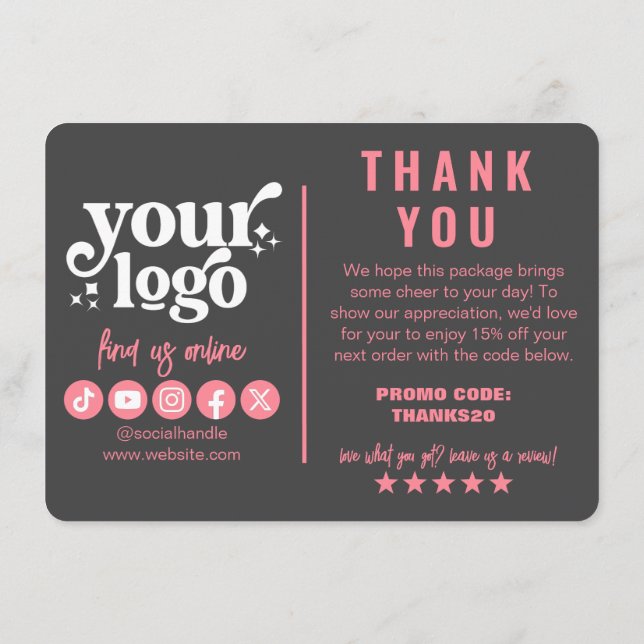 Editable Logo Retro Pink Grey Thank You Package Enclosure Card (Back)