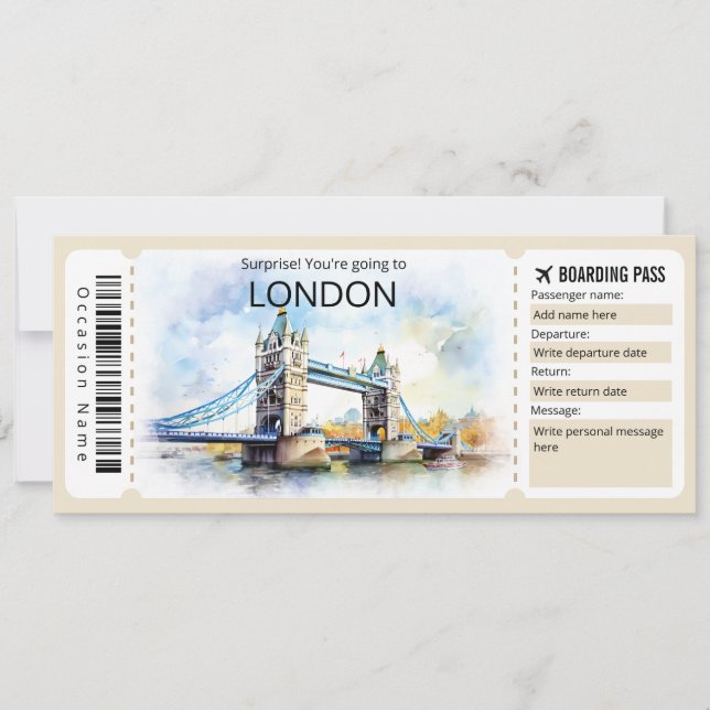Editable London Plane ticket, London Trip Invitation (Front)